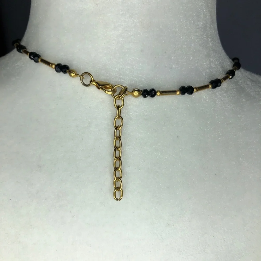Gold and Black Beaded Necklace With Tiny Coins
